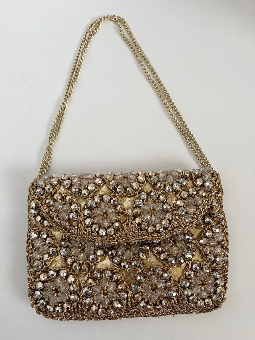 Vintage Beaded Evening Bag Gold Floral Shoulder Purse Cocktail Magid Formal Gala